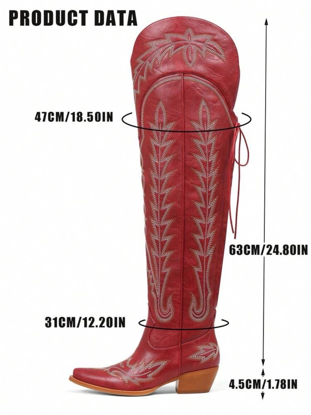 Women’s Red Embroidered Knee-High Western Heeled Boots - Picture 3 of 3